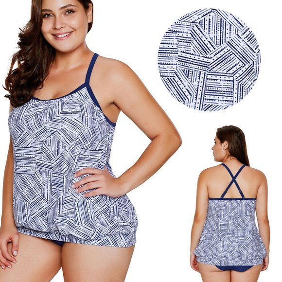 NWT NAVY/WHITE‎ BLOUSON 2 PIECE TANKINI SWIMSUIT LARGE & XL TOP & L BOTTOM - Picture 5 of 10